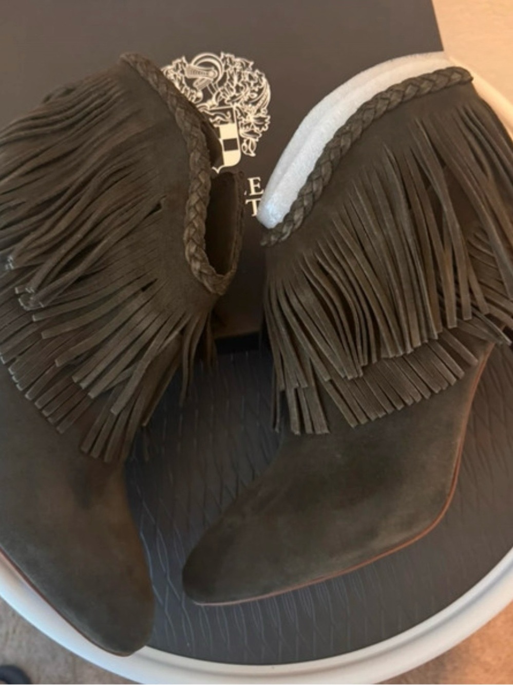 Vince Camuto Dark Brown Suede Fringe Ankle Boots